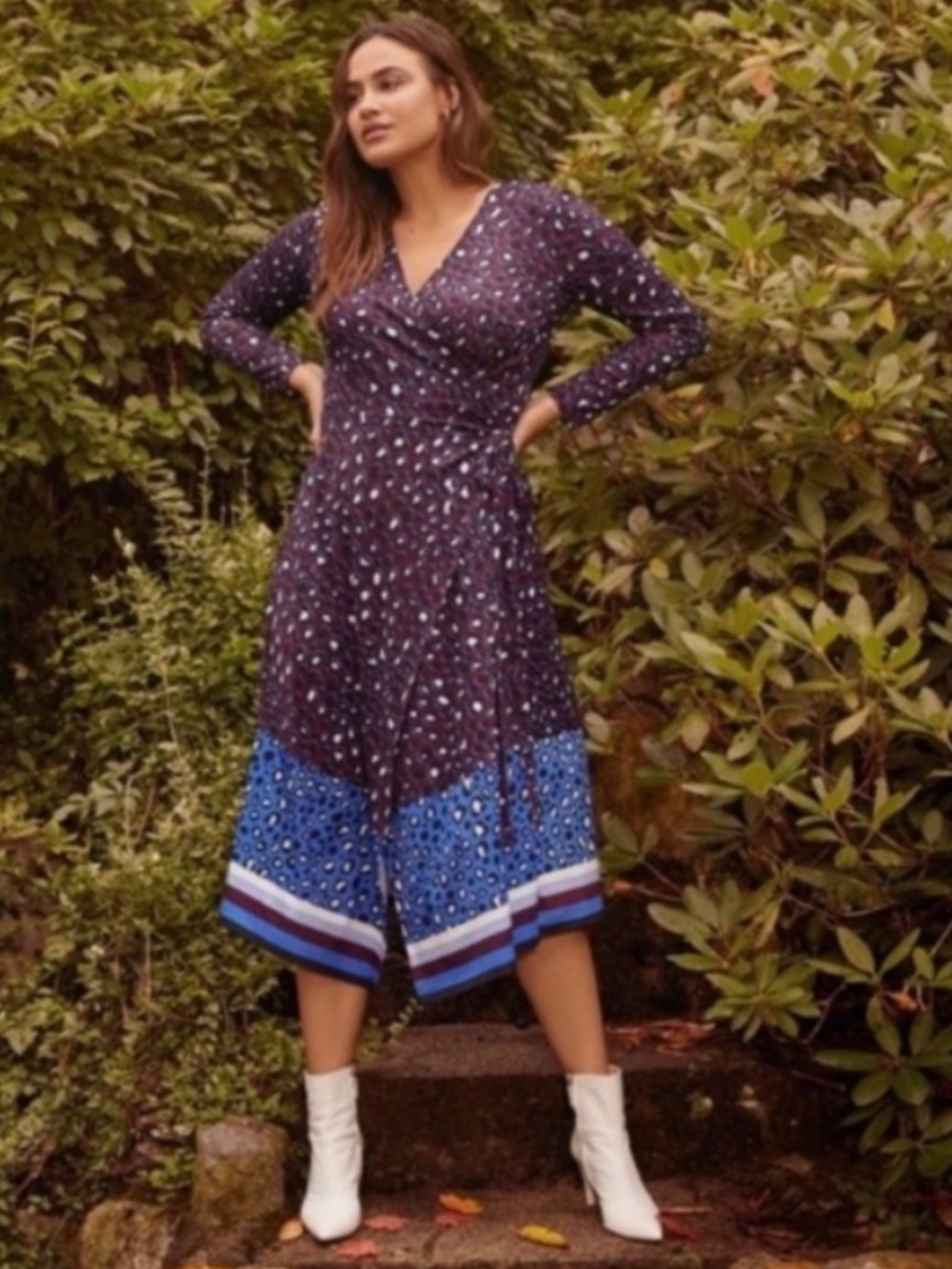 🐆 Eloquii Animal Print Long-Sleeve Wrap Midi Striped Detail Dress XL